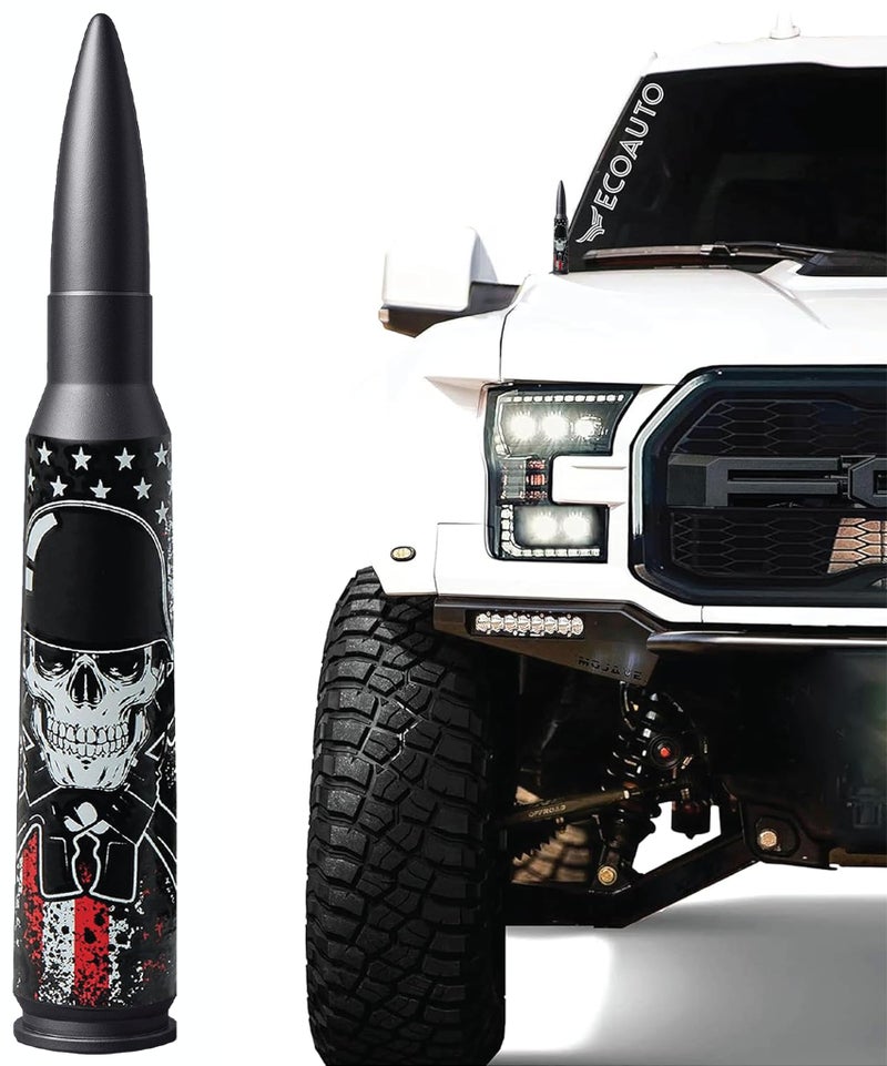 EcoAuto Badass Car Antenna Replacement for Dodge Ram & Ford F150 F250 F350 Super Duty Ford Raptor Bronco Trucks - Anti-Theft Design - Radio Antenna for Truck 1990 - Current (American Skull Black) - Image 1