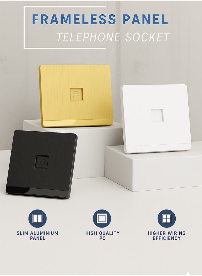 Vmax Telephone Socket Wall-Mounted TEL Socket Frameless Modern Design Durable Aluminum PC Material Easy Installation Universal Compatibility (WHITE, BLACK, CHAMPAGNE GOLD) - Image 1