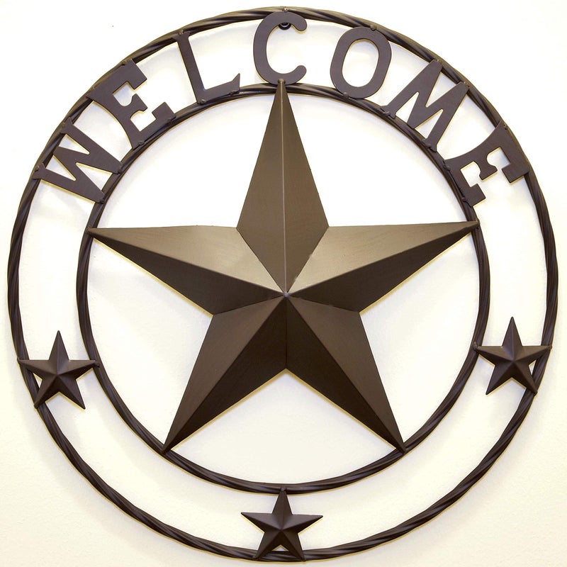 BestGiftEver Rustic Metal Welcome Sign Star Wall Decor Western Barn Star 3D Star Design for Country Home Entryway or Porch Decoration IndoorOutdoor Vintage Farmhouse Accent Brown