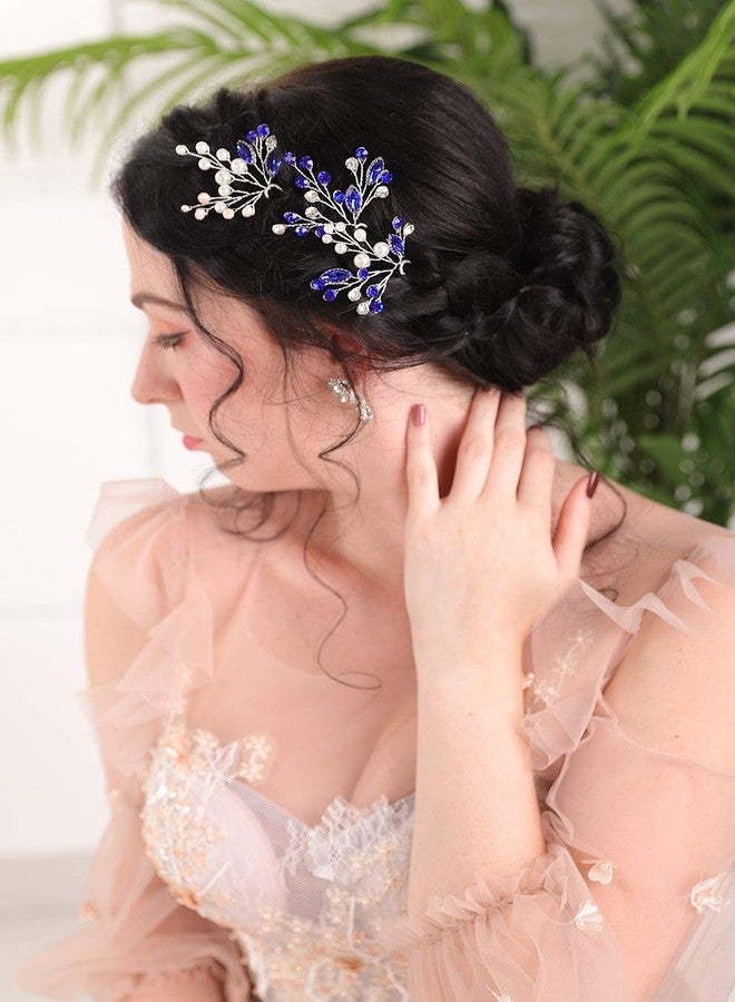 أف إكسميمور إكسسوارات شعر زفاف مصنوعة يدويًا من الياقوت الأزرق من FXmimior Bridal، دبابيس شعر من الكريستال الأزرق واللؤلؤ، غطاء رأس زفاف باللون الأزرق الداكن، مجوهرات شعر نسائية من الكريستال واللؤلؤ للحفلات والمناسبات الرسمية - Image 5