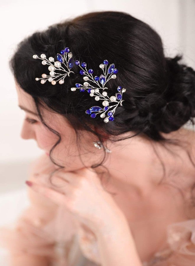 أف إكسميمور إكسسوارات شعر زفاف مصنوعة يدويًا من الياقوت الأزرق من FXmimior Bridal، دبابيس شعر من الكريستال الأزرق واللؤلؤ، غطاء رأس زفاف باللون الأزرق الداكن، مجوهرات شعر نسائية من الكريستال واللؤلؤ للحفلات والمناسبات الرسمية - Image 4