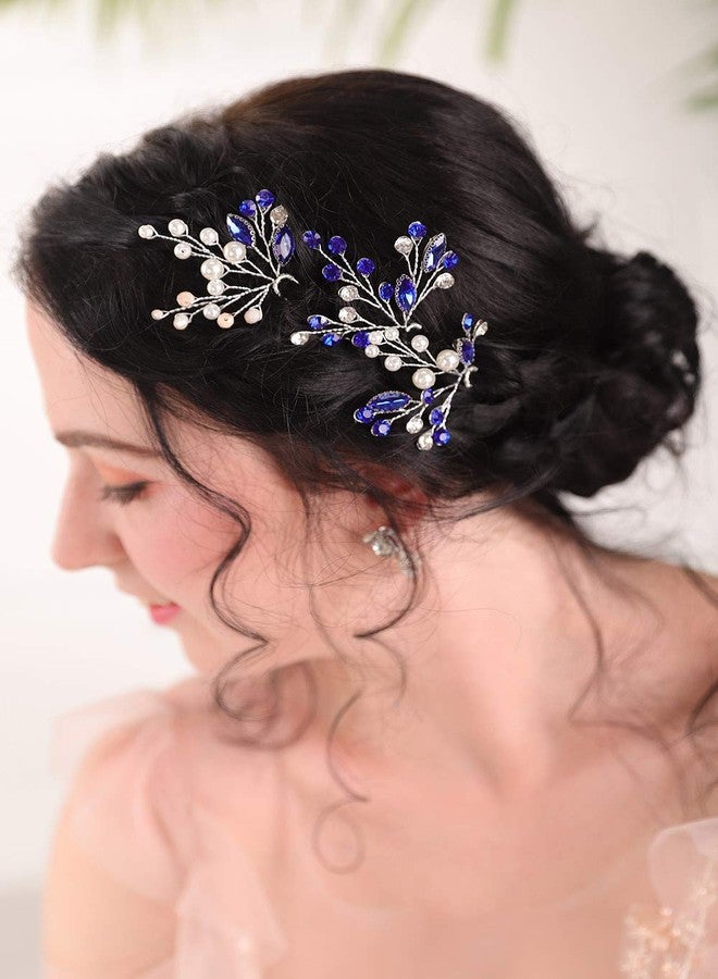 أف إكسميمور إكسسوارات شعر زفاف مصنوعة يدويًا من الياقوت الأزرق من FXmimior Bridal، دبابيس شعر من الكريستال الأزرق واللؤلؤ، غطاء رأس زفاف باللون الأزرق الداكن، مجوهرات شعر نسائية من الكريستال واللؤلؤ للحفلات والمناسبات الرسمية - Image 1