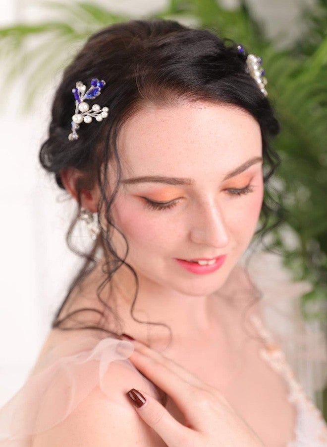 أف إكسميمور إكسسوارات شعر زفاف مصنوعة يدويًا من الياقوت الأزرق من FXmimior Bridal، دبابيس شعر من الكريستال الأزرق واللؤلؤ، غطاء رأس زفاف باللون الأزرق الداكن، مجوهرات شعر نسائية من الكريستال واللؤلؤ للحفلات والمناسبات الرسمية - Image 3