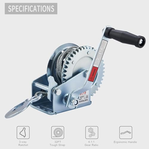 OPENROAD 1600lbs Hand Winch Boat Winch, Hand Crank Winch with 10m (32ft) Cable Manual Winches, Two-Way Adjustable Boat Trailer Winch, Corrosion Resistant Towing Winches (1600lbs) - Image 2