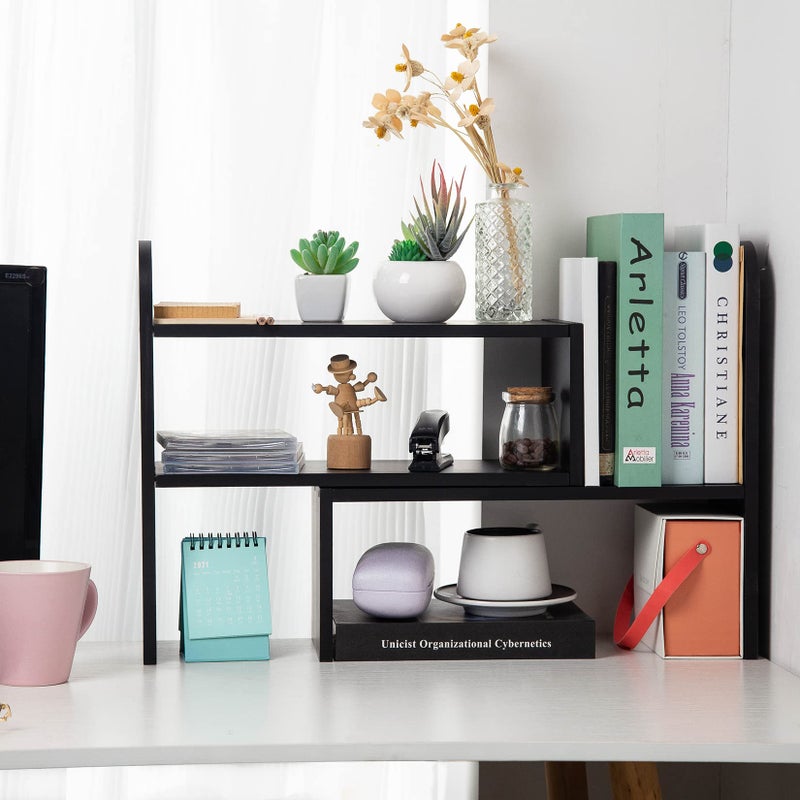 VERGOODR Desktop Adjustable Natural Wood Book Shelf Organizer Office Storage Rack Display Stand Caddy Set Expandable Desk Organizer (Black) - Image 3