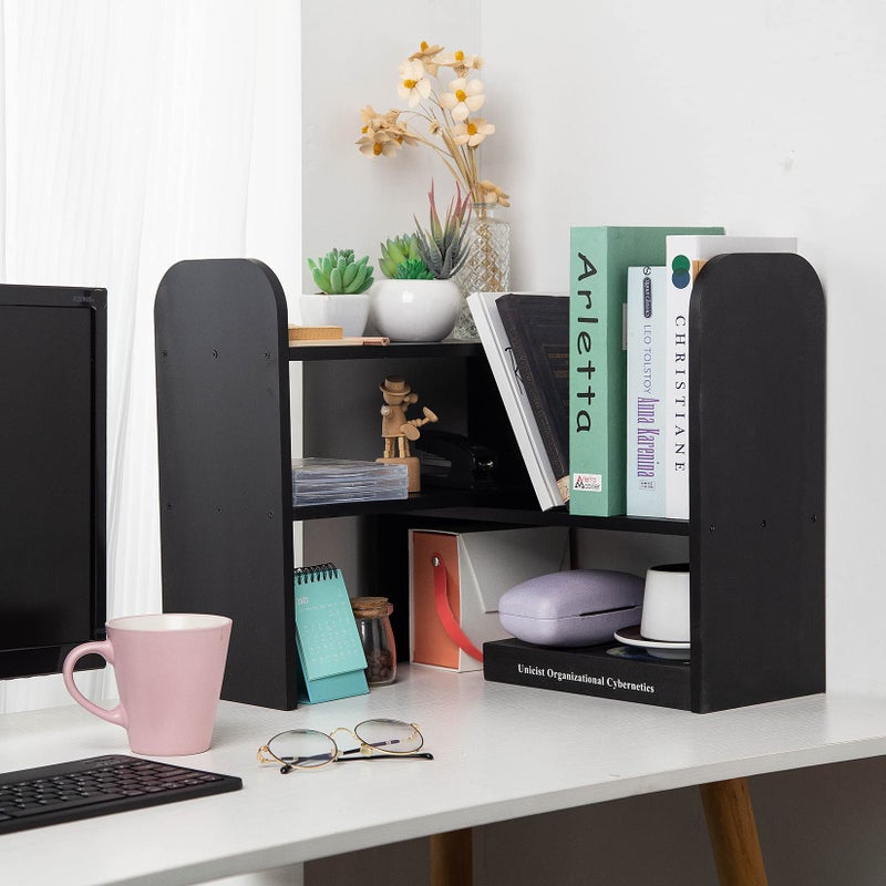 VERGOODR Desktop Adjustable Natural Wood Book Shelf Organizer Office Storage Rack Display Stand Caddy Set Expandable Desk Organizer (Black) - Image 2