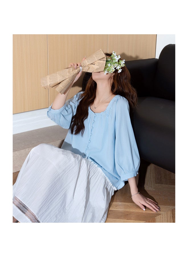 TonLion 2025 Summer Women's Round Neck Loose Fit Single Button Solid Light Blue Long Sleeve Stretchy Baby Doll Top - Image 2
