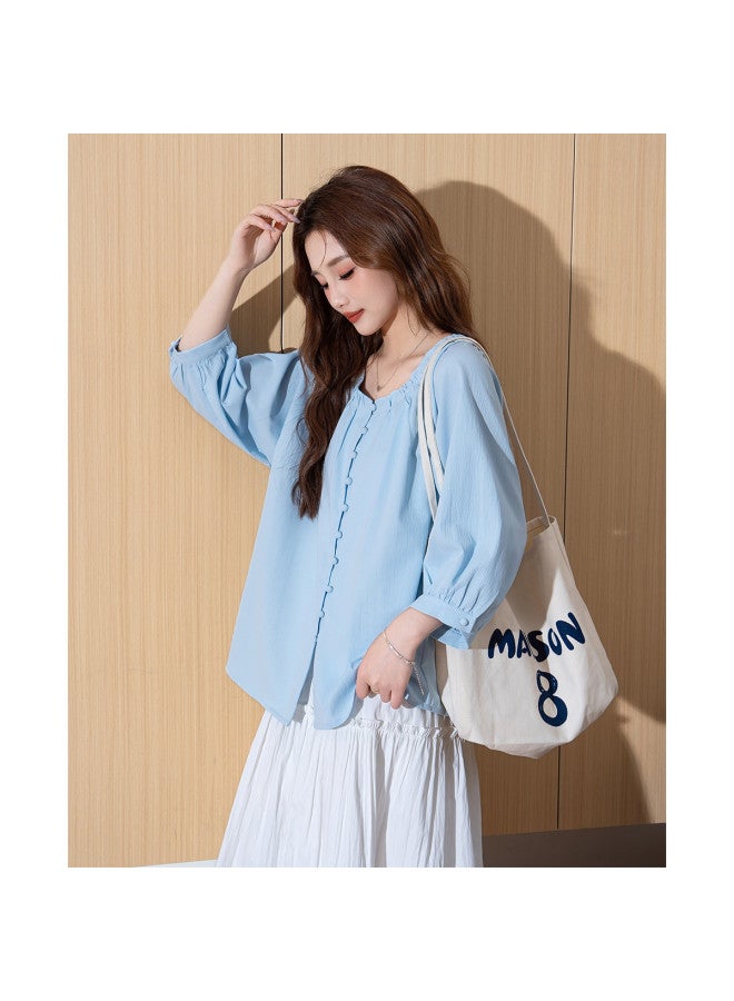 TonLion 2025 Summer Women's Round Neck Loose Fit Single Button Solid Light Blue Long Sleeve Stretchy Baby Doll Top - Image 3