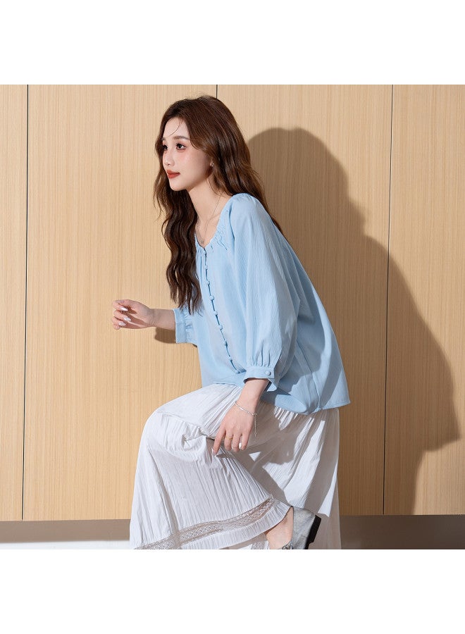 TonLion 2025 Summer Women's Round Neck Loose Fit Single Button Solid Light Blue Long Sleeve Stretchy Baby Doll Top - Image 4