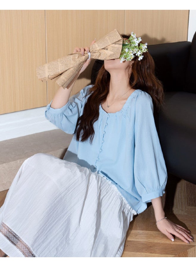 TonLion 2025 Summer Women's Round Neck Loose Fit Single Button Solid Light Blue Long Sleeve Stretchy Baby Doll Top - Image 1