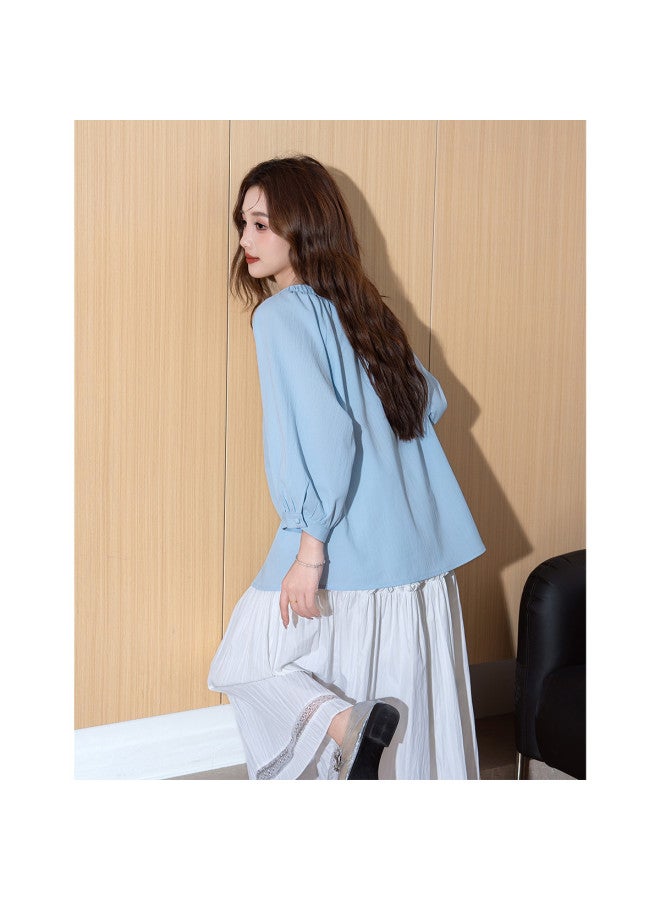TonLion 2025 Summer Women's Round Neck Loose Fit Single Button Solid Light Blue Long Sleeve Stretchy Baby Doll Top - Image 5