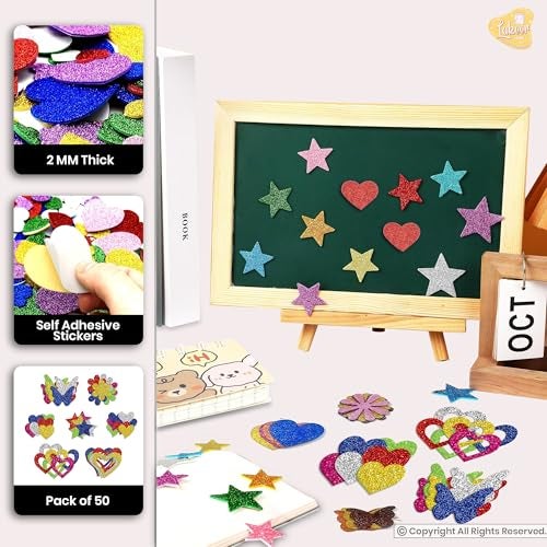 Lakeer Glitter Foam Self Adhesive Stickers - Pack of 50 | Mixed Shapes for Creative Fun | Easy to Peel and Stick - Image 2