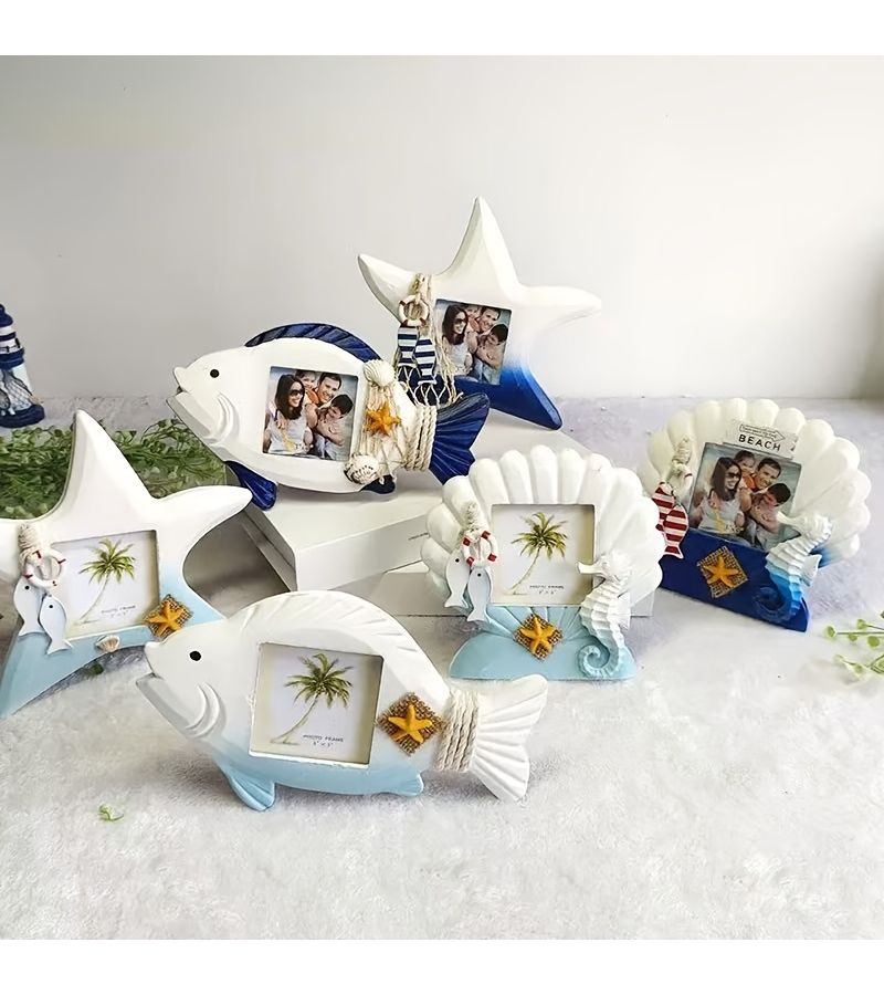 Dark Blue Ocean Themed 3 Inch Biomorphic Photo Frame Set Sea Star Seashell Fish Decor - Image 1