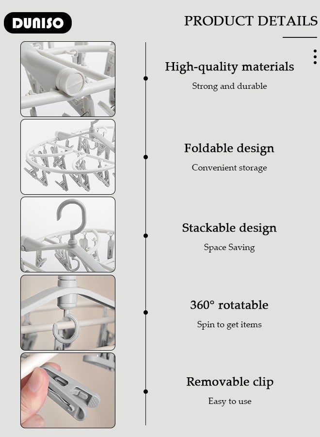 DUNISO 2 Pack Foldable Clothes Drying Rack, Windproof Folding Portable Laundry Hanger, Plastic Sock Hanger with Removable Clips and 360° Rotatable Hook for Indoor Outdoor, Clip Hangers for Socks, Underwear, Bras, Lingerie, Towels, Diapers, Baby Clothes  - Image 2
