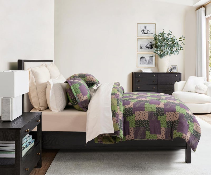 Sleepbella Washed Double Layer Muslin 100% Cotton Comforter Set King Size  Purple Green Patchwork Fluffy Thick Checked Bedding Set  Soft Breathable (1 Comforter  2 Pillow Shams) - Image 2