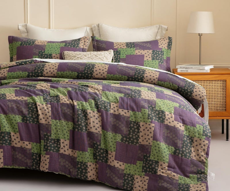 Sleepbella Washed Double Layer Muslin 100% Cotton Comforter Set King Size  Purple Green Patchwork Fluffy Thick Checked Bedding Set  Soft Breathable (1 Comforter  2 Pillow Shams) - Image 3