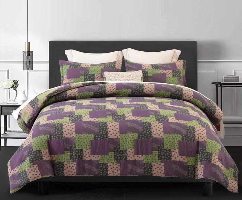 Sleepbella Washed Double Layer Muslin 100% Cotton Comforter Set King Size  Purple Green Patchwork Fluffy Thick Checked Bedding Set  Soft Breathable (1 Comforter  2 Pillow Shams) - Image 1