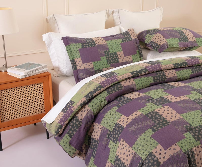 Sleepbella Washed Double Layer Muslin 100% Cotton Comforter Set King Size  Purple Green Patchwork Fluffy Thick Checked Bedding Set  Soft Breathable (1 Comforter  2 Pillow Shams) - Image 4