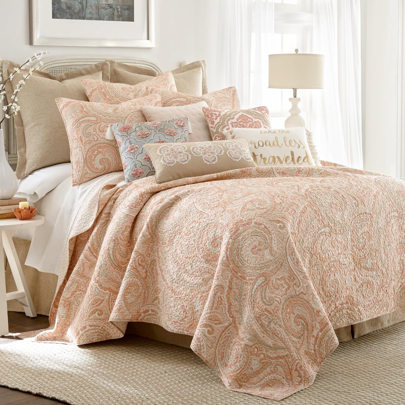 Levtex Home  Spruce Coral Quilt Set  KingCal King Quilt 106x92in  Two King Pillow Shams 36x20in  Paisley Pattern in Coral and Tan  Reversible  Cotton