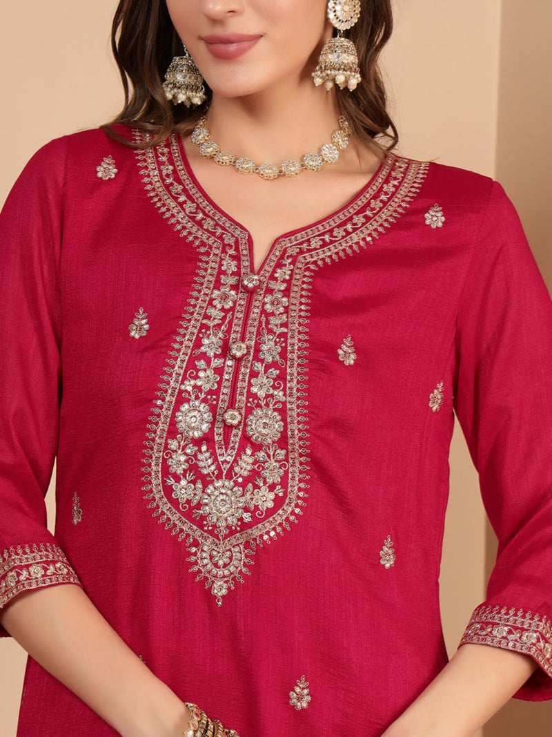 SHOPPING QUEEN Women's Vichitra Silk Embroidered Kurta Set with Dupatta (A660_Crimson Pink_M) - Image 4