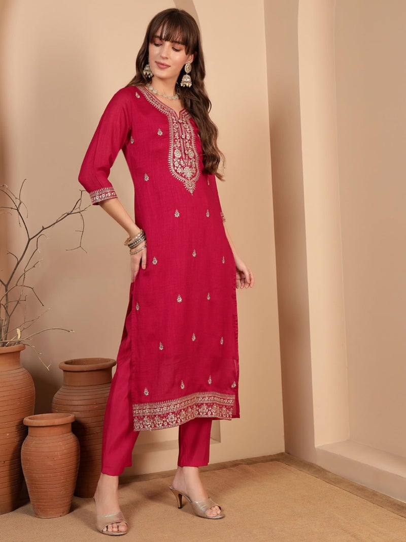 SHOPPING QUEEN Women's Vichitra Silk Embroidered Kurta Set with Dupatta (A660_Crimson Pink_M) - Image 3
