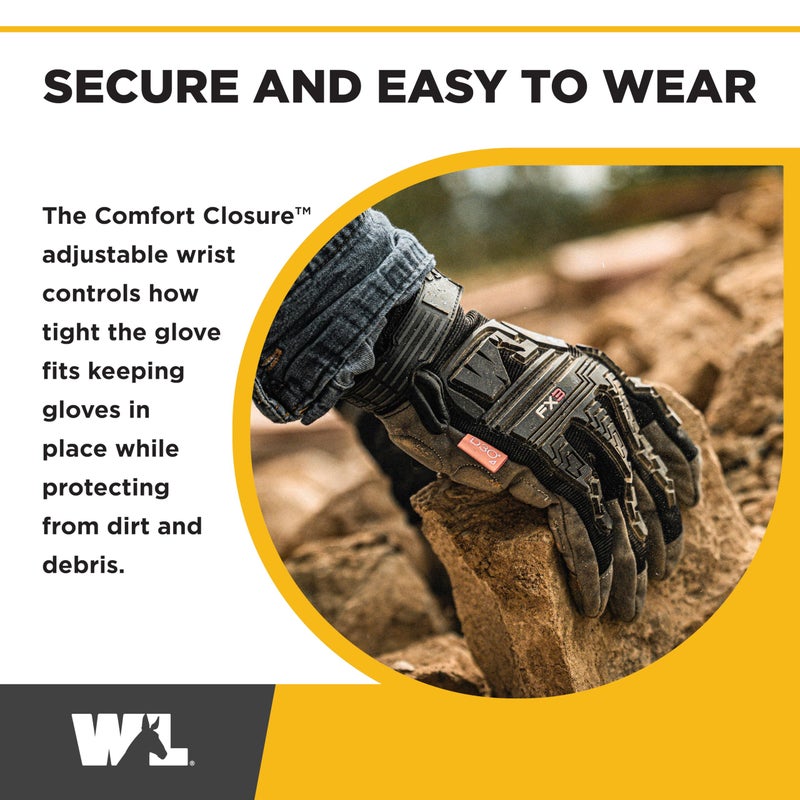 Wells Lamont FX3 Extreme Dexterity Impact Protection Work Gloves â€“ Heavy Duty Construction Gloves for Men â€“ Synthetic Leather, D3O Technology, TPR Knuckle Padding, Adjustable Fit â€“ Black - L - Image 4