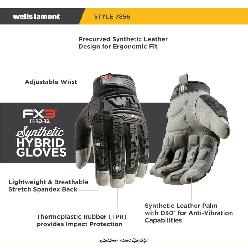 Wells Lamont FX3 Extreme Dexterity Impact Protection Work Gloves â€“ Heavy Duty Construction Gloves for Men â€“ Synthetic Leather, D3O Technology, TPR Knuckle Padding, Adjustable Fit â€“ Black - L - Image 2