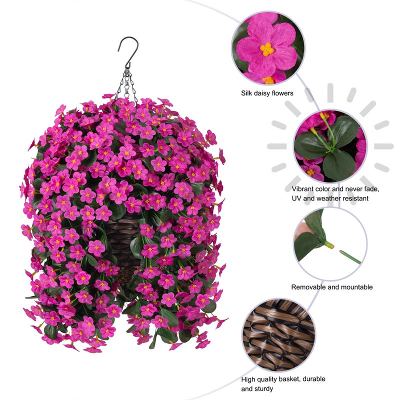 HyeFlora Artificial Fake Hanging Flowers Plants Baskets for Outdoor Spring Decoration, Faux Silk Fuchsia Daisy Mums Trailing Orchid UV Resistant for Home Outside Porch Garden Yard Patio Decor - Image 3