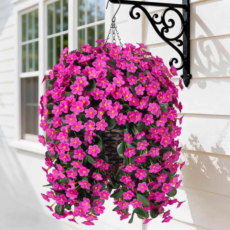 HyeFlora Artificial Fake Hanging Flowers Plants Baskets for Outdoor Spring Decoration, Faux Silk Fuchsia Daisy Mums Trailing Orchid UV Resistant for Home Outside Porch Garden Yard Patio Decor - Image 1