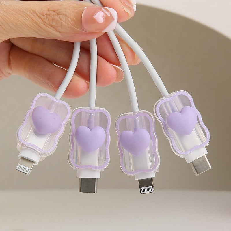 QLD COVER 4pcs Cable Connection Protector, Lovely 3D Love Heart Waves Design for Apple Lightning/Type-C Data Line Head Cord Savers Wire Protection Cover Anti-Break Charger Cables Sleeves, Purple Love - Image 1