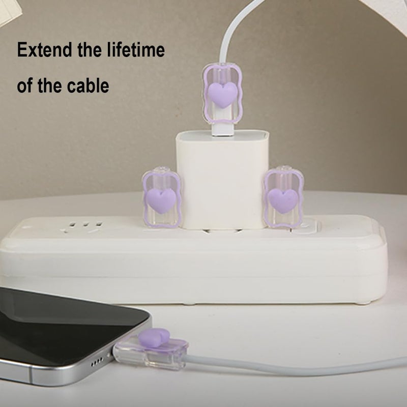 QLD COVER 4pcs Cable Connection Protector, Lovely 3D Love Heart Waves Design for Apple Lightning/Type-C Data Line Head Cord Savers Wire Protection Cover Anti-Break Charger Cables Sleeves, Purple Love - Image 4