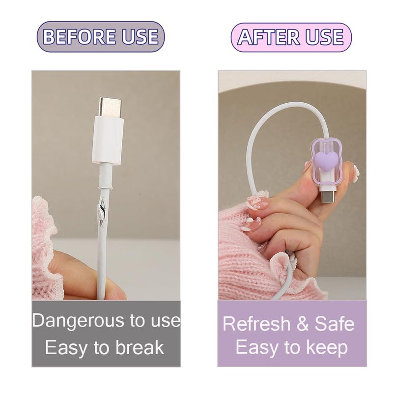QLD COVER 4pcs Cable Connection Protector, Lovely 3D Love Heart Waves Design for Apple Lightning/Type-C Data Line Head Cord Savers Wire Protection Cover Anti-Break Charger Cables Sleeves, Purple Love - Image 3