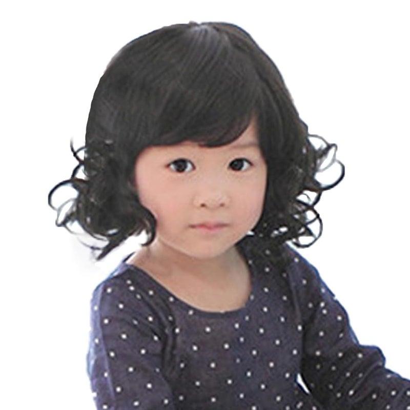 OMORFIEER Black Curly Wigs for Kids Child Bangs Heat Friendly Cosplay Wig - Image 1