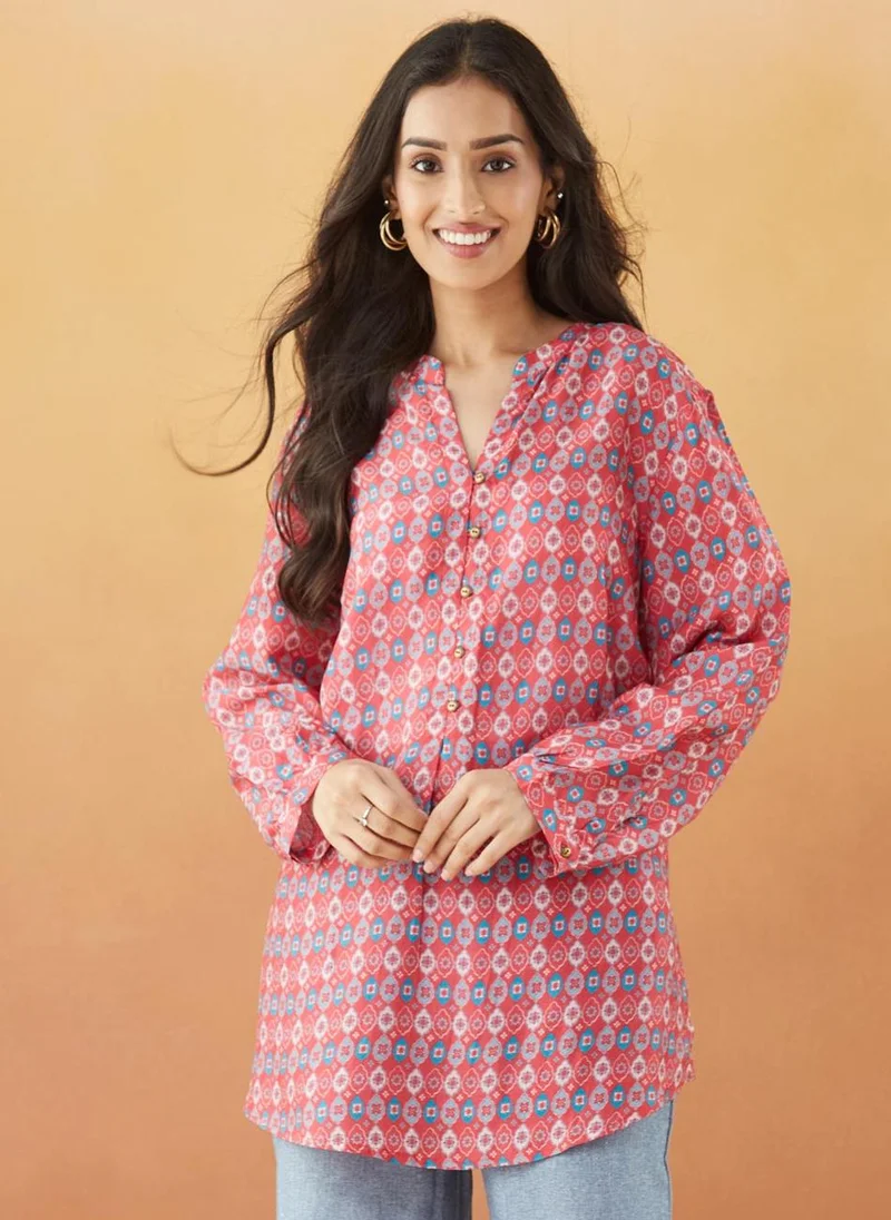 فاب انديا Red Rayon Blend Printed Tunic