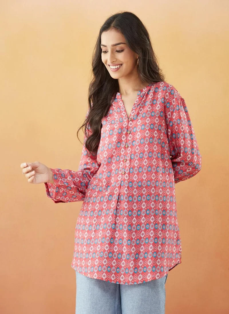 Fabindia Red Rayon Blend Printed Tunic