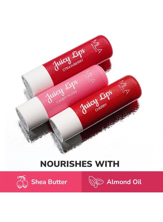 ميلا بيوتي مجموعة مرطبات الشفاه الملونة "Juicy" من ميلا بوتيه (MILA BEAUTÉ) - ترطيب يدوم 12 ساعة وحماية من الشمس (SPF 15) | بزيت اللوز | ترطيب وتغذية | للشفاه الجافة والمتشققة | عبوة من 3 قطع متنوعة | 12 جم لكل منها | نكهات: الفراولة، وغزل البنات، والكرز. - Image 2