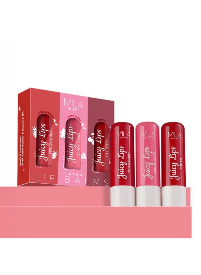 ميلا بيوتي مجموعة مرطبات الشفاه الملونة "Juicy" من ميلا بوتيه (MILA BEAUTÉ) - ترطيب يدوم 12 ساعة وحماية من الشمس (SPF 15) | بزيت اللوز | ترطيب وتغذية | للشفاه الجافة والمتشققة | عبوة من 3 قطع متنوعة | 12 جم لكل منها | نكهات: الفراولة، وغزل البنات، والكرز. - Image 1