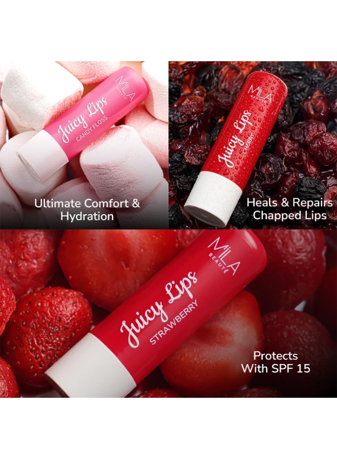 ميلا بيوتي مجموعة مرطبات الشفاه الملونة "Juicy" من ميلا بوتيه (MILA BEAUTÉ) - ترطيب يدوم 12 ساعة وحماية من الشمس (SPF 15) | بزيت اللوز | ترطيب وتغذية | للشفاه الجافة والمتشققة | عبوة من 3 قطع متنوعة | 12 جم لكل منها | نكهات: الفراولة، وغزل البنات، والكرز. - Image 4