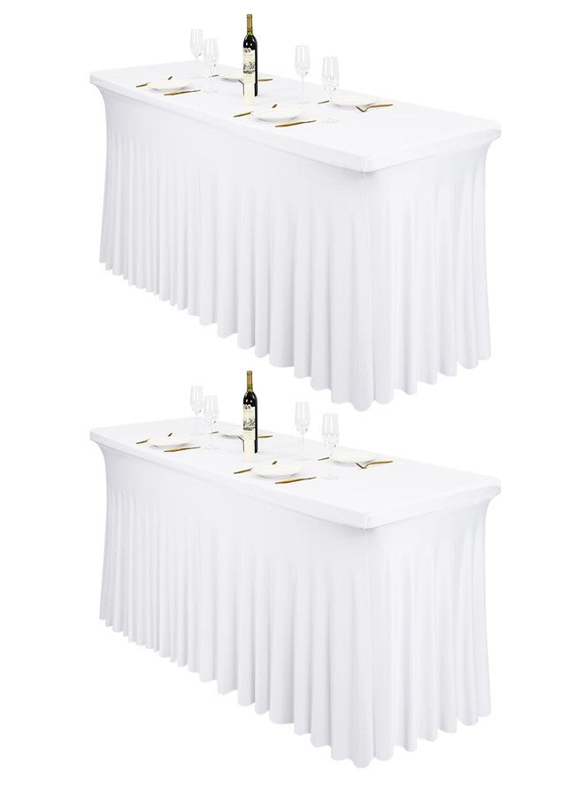 FXKS 2 Pack 8Ft Spandex Table Skirts White Stretch Tablecloth with Skirts for 8 Foot Rectangle Tables, Washable Wrinkle Resistant Fitted Elastic Table Skirts for Wedding Party Banquet Events - Image 1