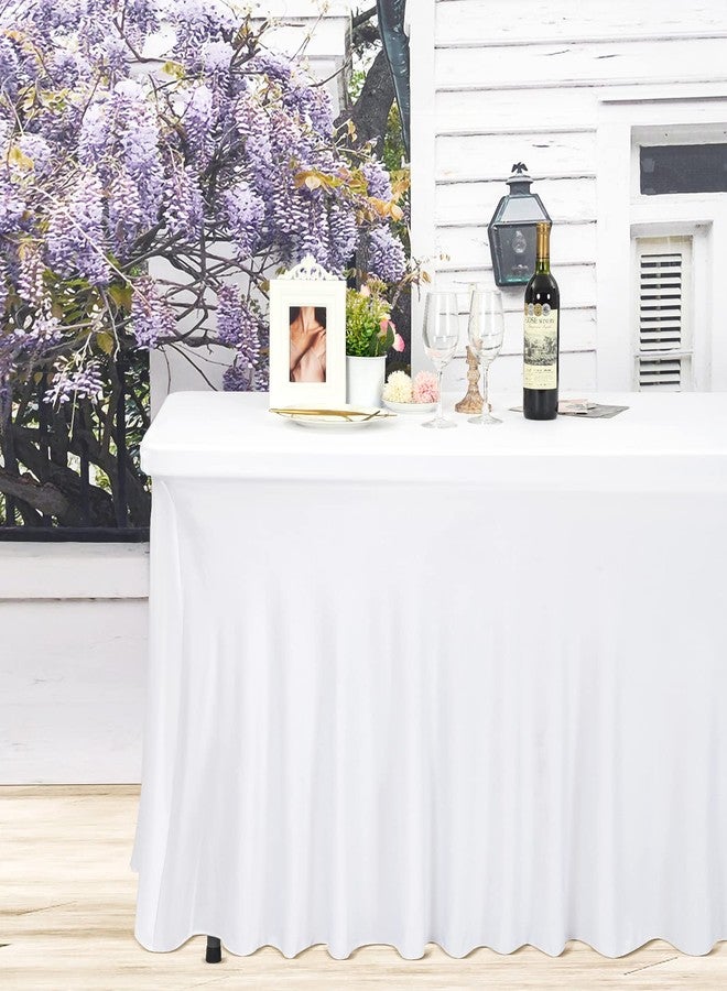 FXKS 2 Pack 8Ft Spandex Table Skirts White Stretch Tablecloth with Skirts for 8 Foot Rectangle Tables, Washable Wrinkle Resistant Fitted Elastic Table Skirts for Wedding Party Banquet Events - Image 2