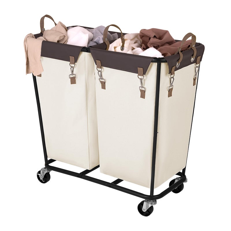 StorageWorks 280L Large Laundry Hamper with Wheels, Laundry Basket with Wheels 2 Sections, Clothes Sorter Cart with Divider for Hotel, Home, Beige, 1-Pack - Image 1