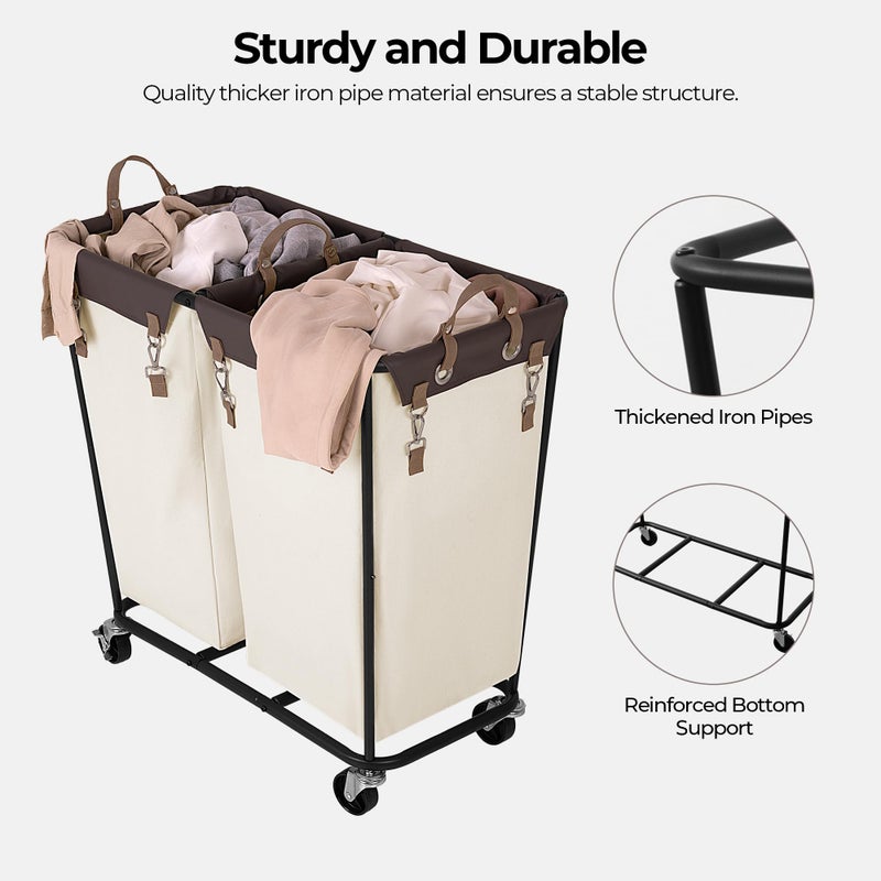 StorageWorks 280L Large Laundry Hamper with Wheels, Laundry Basket with Wheels 2 Sections, Clothes Sorter Cart with Divider for Hotel, Home, Beige, 1-Pack - Image 5