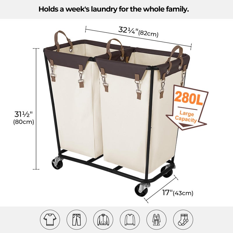 StorageWorks 280L Large Laundry Hamper with Wheels, Laundry Basket with Wheels 2 Sections, Clothes Sorter Cart with Divider for Hotel, Home, Beige, 1-Pack - Image 2