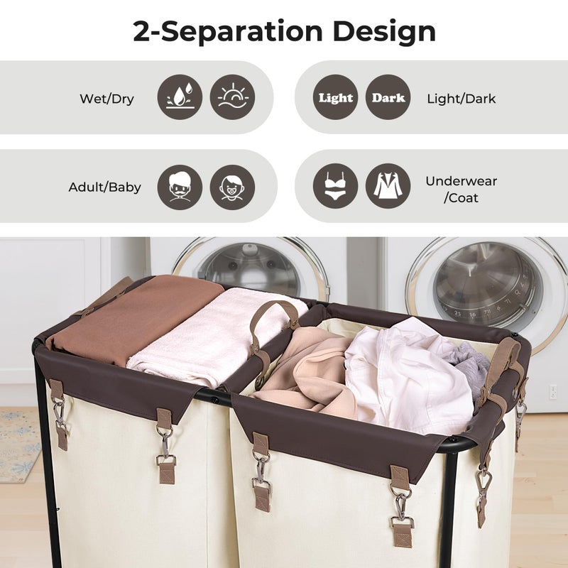 StorageWorks 280L Large Laundry Hamper with Wheels, Laundry Basket with Wheels 2 Sections, Clothes Sorter Cart with Divider for Hotel, Home, Beige, 1-Pack - Image 4