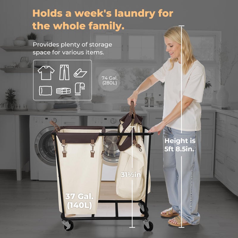 StorageWorks 280L Large Laundry Hamper with Wheels, Laundry Basket with Wheels 2 Sections, Clothes Sorter Cart with Divider for Hotel, Home, Beige, 1-Pack - Image 3