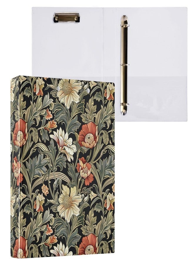 Fustylead William Morris Style Floral Green Black 3 Ring Binder 1.5" Decorative D-Ring Binder with Clipboard&3 Clear Pockets, Holds 200 Sheets A4 Size Paper Waterproof Binders for School Home Office - Image 1