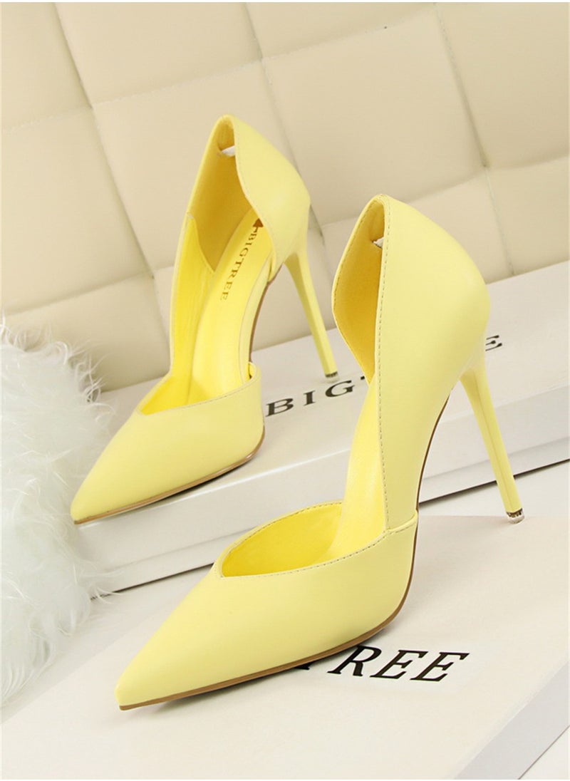 BIGTREE 10.5cm Fashion Simple Slimming Women's Shoes Slim Heels Super High Shallow Mouth Pointed Hollowed Out Single Shoes Yellow  - Image 1
