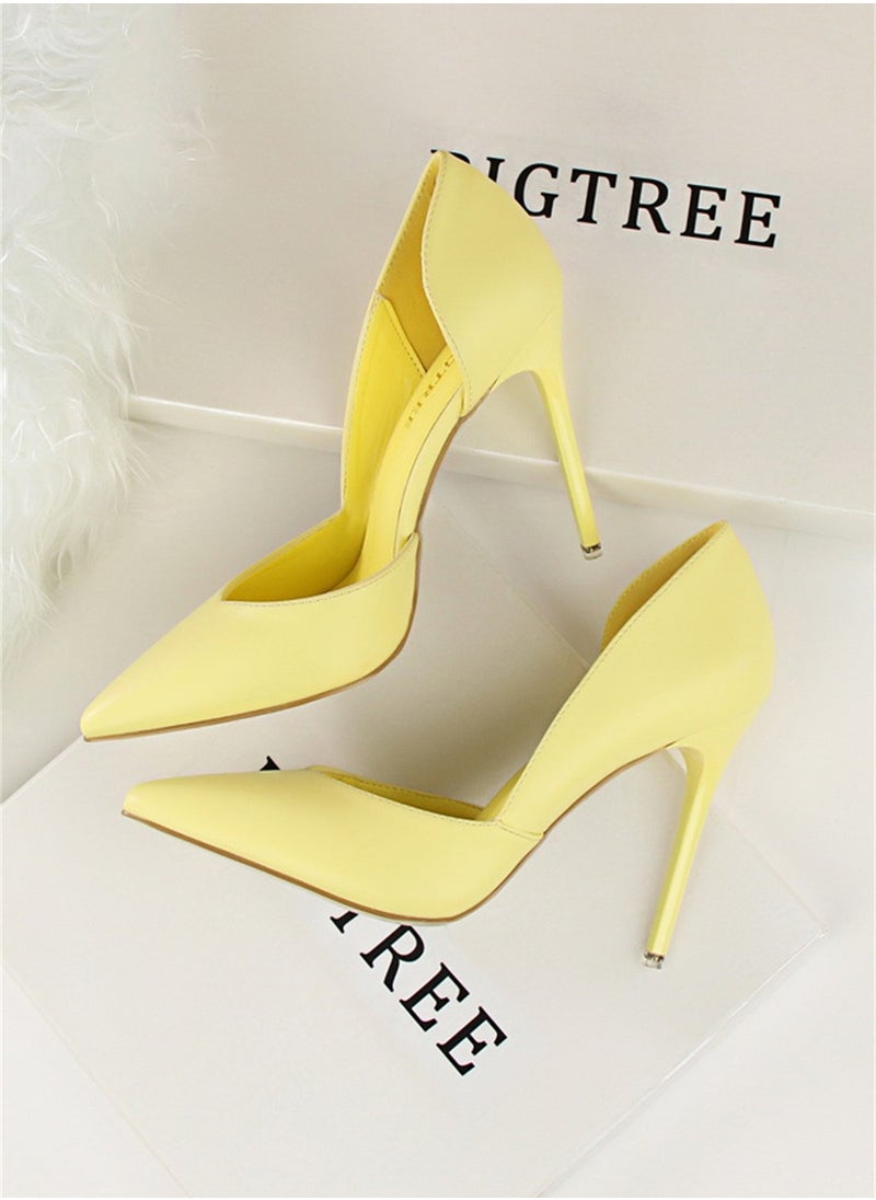 BIGTREE 10.5cm Fashion Simple Slimming Women's Shoes Slim Heels Super High Shallow Mouth Pointed Hollowed Out Single Shoes Yellow  - Image 2
