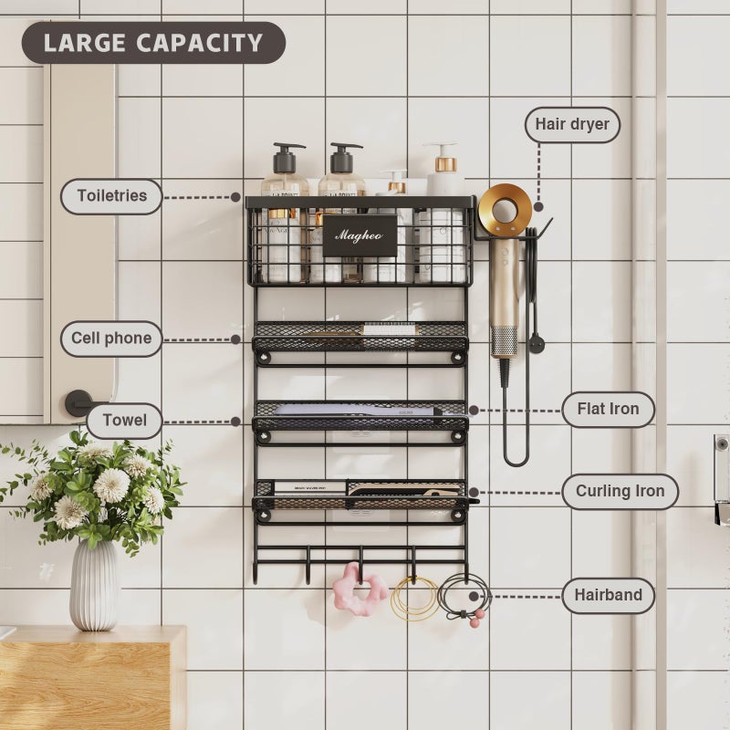 Magheo Hair Dryer Holder Wall Mounted, Adheisve Hair Styling Tool Organizer for hair Brush/Appliance Wall Mount with 5 Tier Shelf Basket Hooks Blow Dryer and Straightener Holder for Bathroom(Black) - Image 3