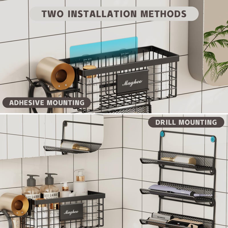 Magheo Hair Dryer Holder Wall Mounted, Adheisve Hair Styling Tool Organizer for hair Brush/Appliance Wall Mount with 5 Tier Shelf Basket Hooks Blow Dryer and Straightener Holder for Bathroom(Black) - Image 5